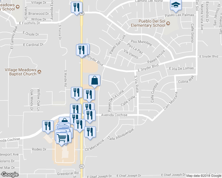 map of restaurants, bars, coffee shops, grocery stores, and more near 4403 Corte Brumoso in Sierra Vista