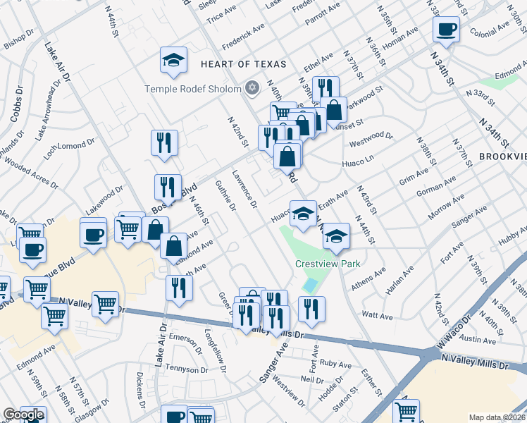 map of restaurants, bars, coffee shops, grocery stores, and more near 1209 Lawrence Drive in Waco