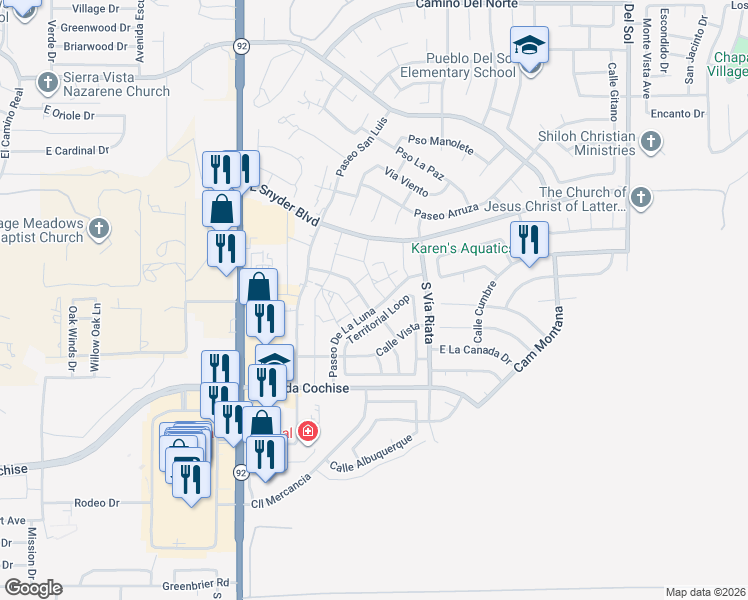 map of restaurants, bars, coffee shops, grocery stores, and more near 1824 Paseo De La Luna in Sierra Vista