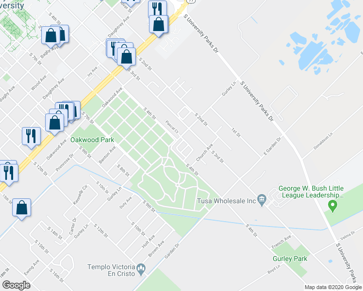 map of restaurants, bars, coffee shops, grocery stores, and more near 332 Conestoga in Waco