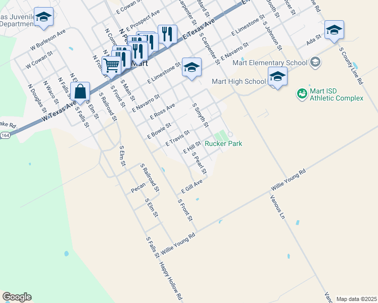 map of restaurants, bars, coffee shops, grocery stores, and more near 704 South Pearl Street in Mart