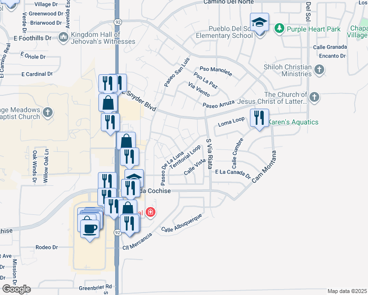 map of restaurants, bars, coffee shops, grocery stores, and more near 1824 Paseo De La Luna in Sierra Vista