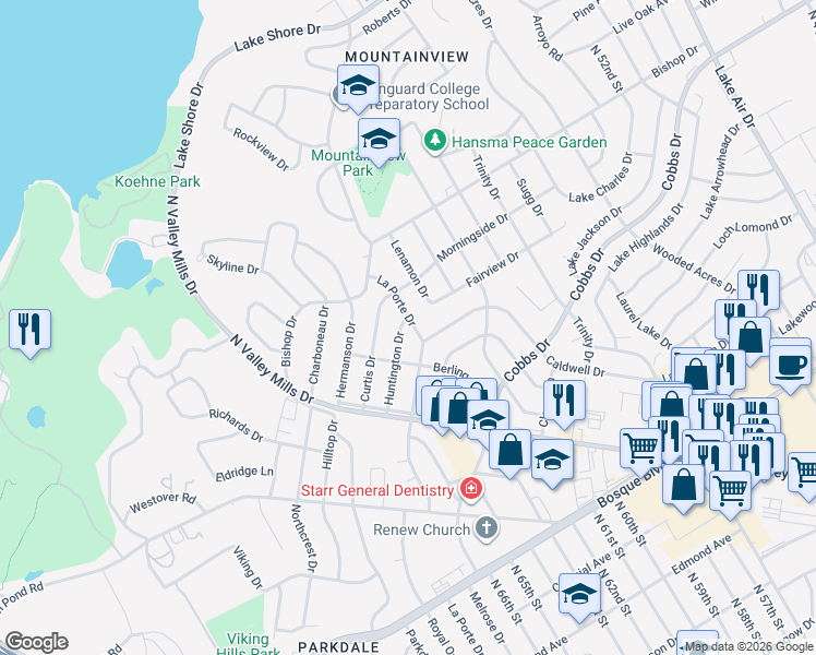 map of restaurants, bars, coffee shops, grocery stores, and more near 2125 Huntington Drive in Waco