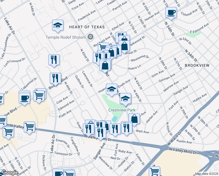 map of restaurants, bars, coffee shops, grocery stores, and more near 4116 Huaco Lane in Waco