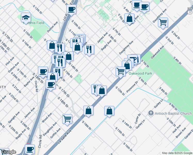 map of restaurants, bars, coffee shops, grocery stores, and more near 1221 Daughtrey Avenue in Waco