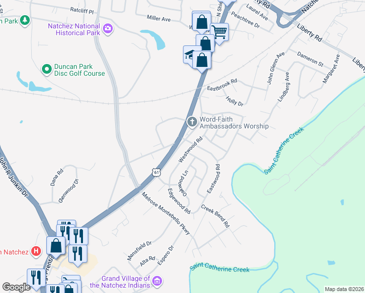 map of restaurants, bars, coffee shops, grocery stores, and more near 3 Shadow Lane in Natchez