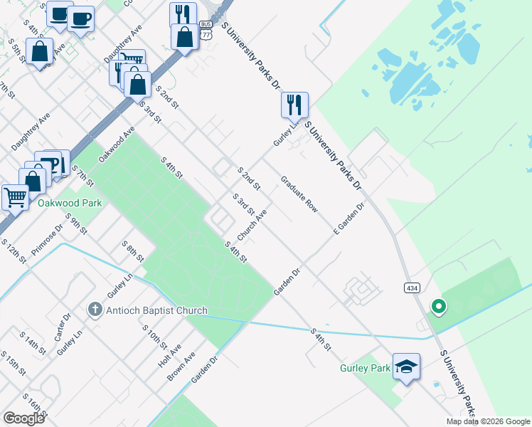 map of restaurants, bars, coffee shops, grocery stores, and more near 212 Church Avenue in Waco