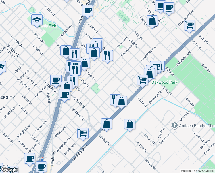 map of restaurants, bars, coffee shops, grocery stores, and more near 1900 South 14th Street in Waco