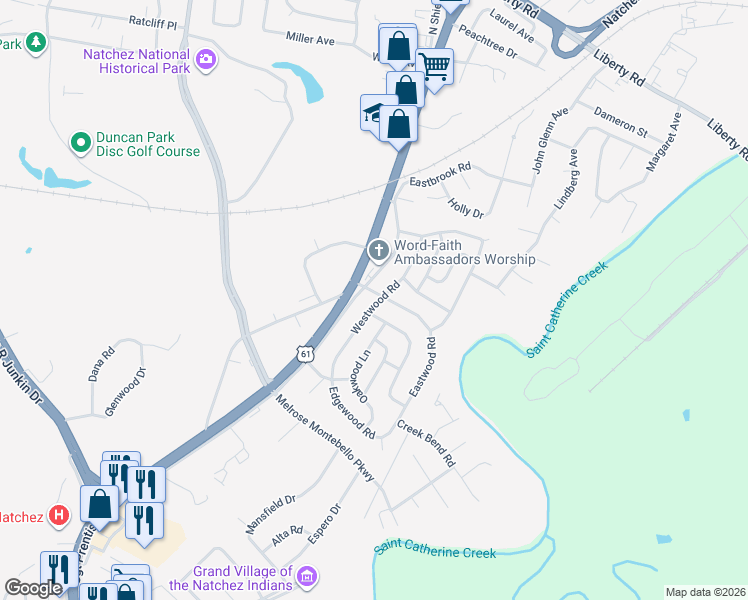 map of restaurants, bars, coffee shops, grocery stores, and more near 3 Shadow Lane in Natchez