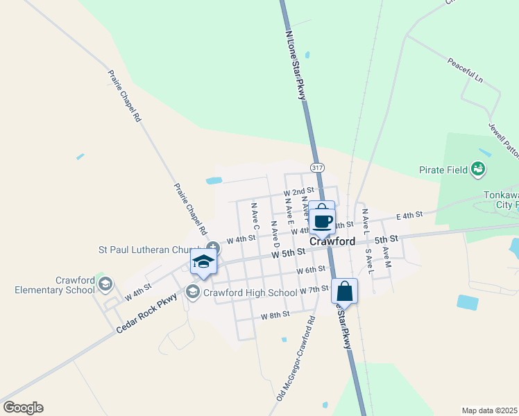 map of restaurants, bars, coffee shops, grocery stores, and more near 375 North Avenue C in Crawford