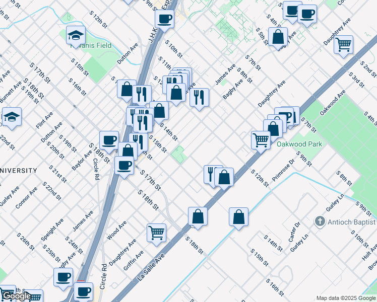 map of restaurants, bars, coffee shops, grocery stores, and more near 1900 South 14th Street in Waco