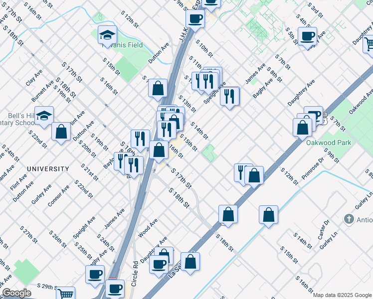 map of restaurants, bars, coffee shops, grocery stores, and more near 1504 James Avenue in Waco