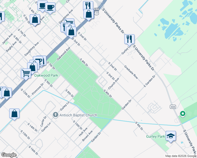 map of restaurants, bars, coffee shops, grocery stores, and more near 332 Conestoga in Waco