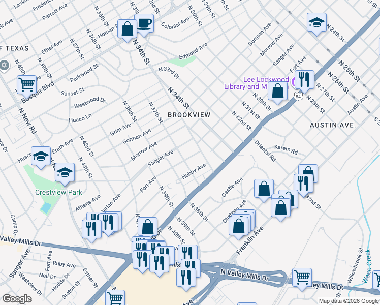 map of restaurants, bars, coffee shops, grocery stores, and more near 3619 Fort Avenue in Waco