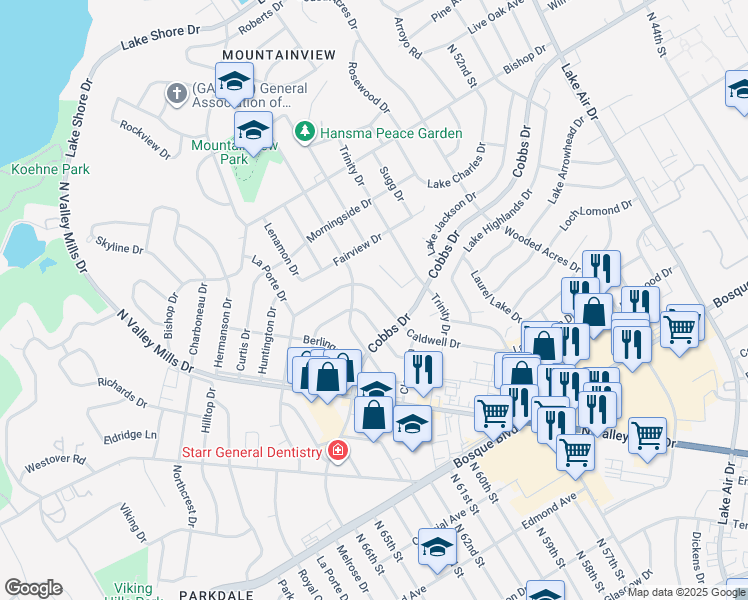 map of restaurants, bars, coffee shops, grocery stores, and more near 5930 Caldwell Street in Waco
