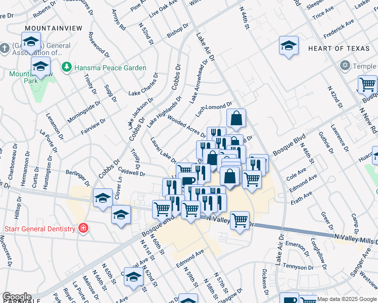 map of restaurants, bars, coffee shops, grocery stores, and more near 5315 Laurel Lake Drive in Waco