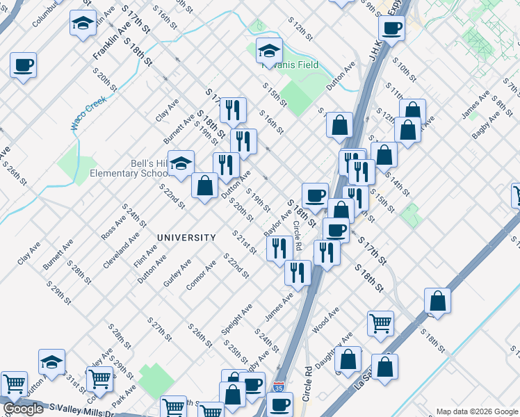 map of restaurants, bars, coffee shops, grocery stores, and more near 1905 Connor Avenue in Waco