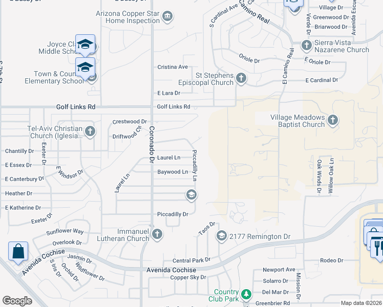 map of restaurants, bars, coffee shops, grocery stores, and more near 2317 Laurel Lane in Sierra Vista