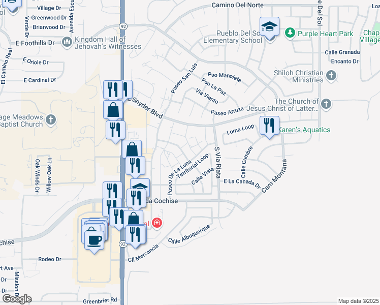 map of restaurants, bars, coffee shops, grocery stores, and more near 4511 Buena Loma Way in Sierra Vista
