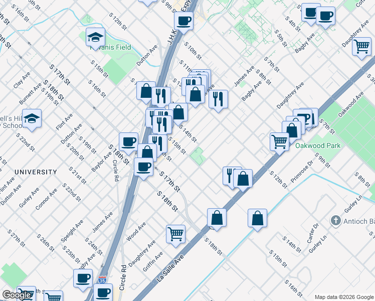 map of restaurants, bars, coffee shops, grocery stores, and more near 1400 Bagby Avenue in Waco