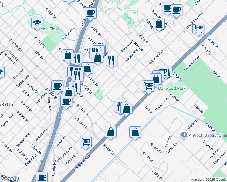 map of restaurants, bars, coffee shops, grocery stores, and more near 1221 Daughtrey Avenue in Waco