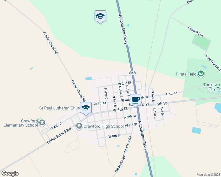 map of restaurants, bars, coffee shops, grocery stores, and more near 375 North Avenue C in Crawford