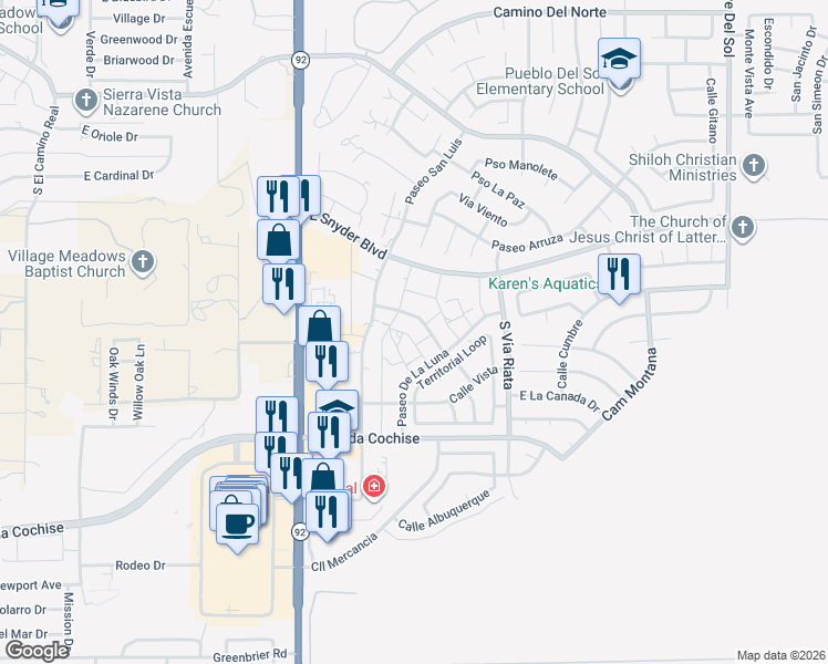 map of restaurants, bars, coffee shops, grocery stores, and more near 4403 Corte Brumoso in Sierra Vista