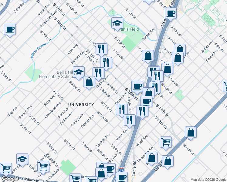 map of restaurants, bars, coffee shops, grocery stores, and more near 1905 Connor Avenue in Waco