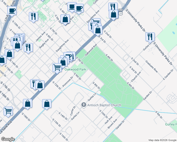 map of restaurants, bars, coffee shops, grocery stores, and more near 702 Hines Avenue in Waco