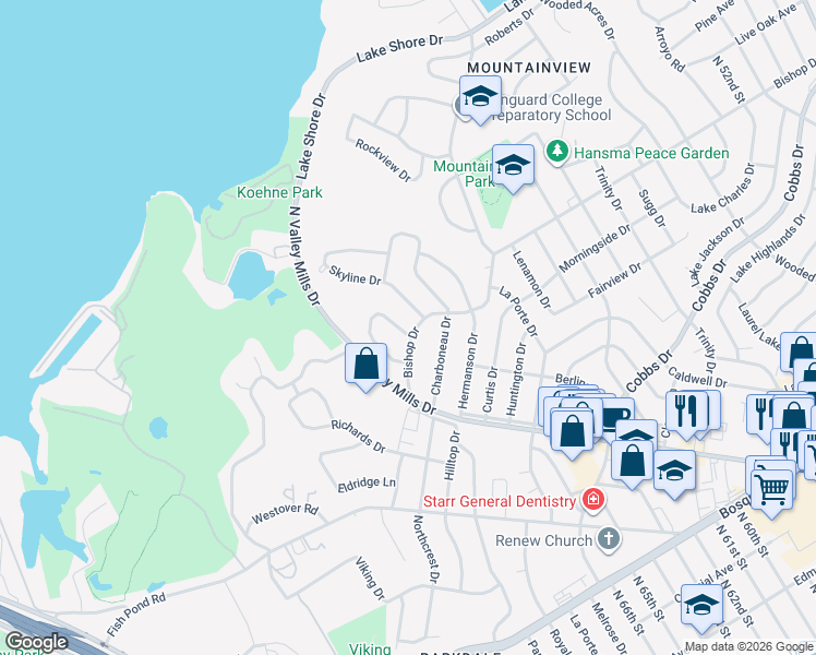 map of restaurants, bars, coffee shops, grocery stores, and more near 6624 Bishop Drive in Waco