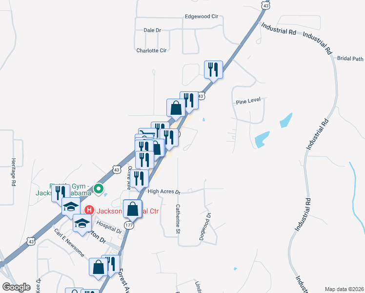 map of restaurants, bars, coffee shops, grocery stores, and more near Love Street in Jackson