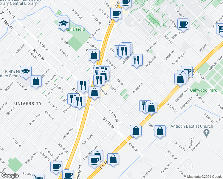 map of restaurants, bars, coffee shops, grocery stores, and more near 1504 James Avenue in Waco