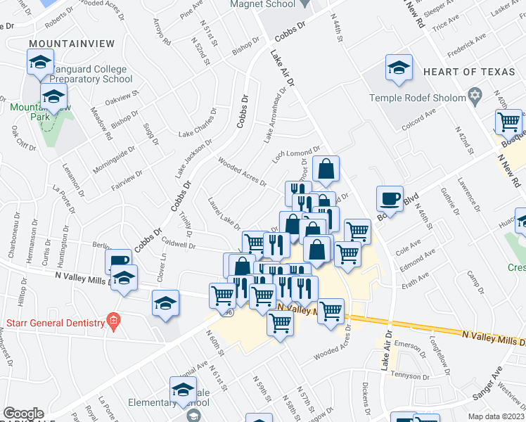 map of restaurants, bars, coffee shops, grocery stores, and more near 5305 Laurel Lake Drive in Waco