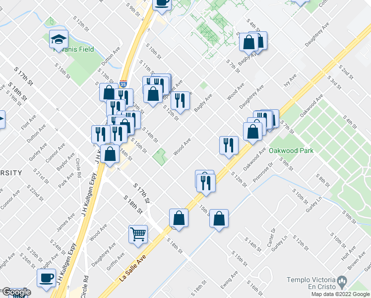 map of restaurants, bars, coffee shops, grocery stores, and more near 1230 Wood Avenue in Waco