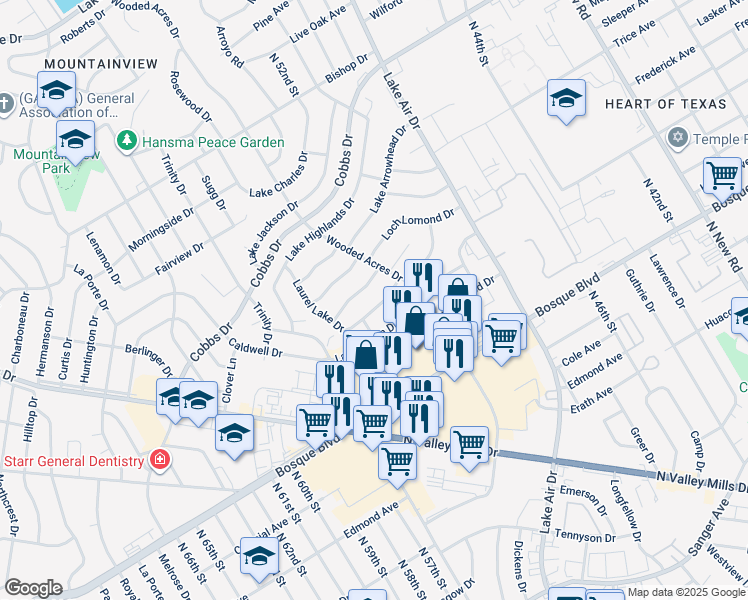 map of restaurants, bars, coffee shops, grocery stores, and more near 5315 Laurel Lake Drive in Waco