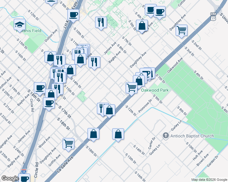 map of restaurants, bars, coffee shops, grocery stores, and more near 2001 South 12th Street in Waco