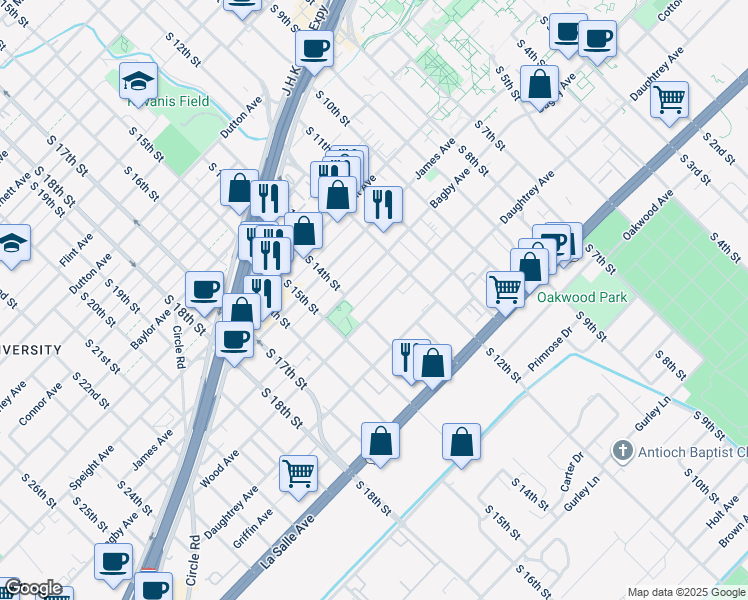 map of restaurants, bars, coffee shops, grocery stores, and more near 1900 South 14th Street in Waco