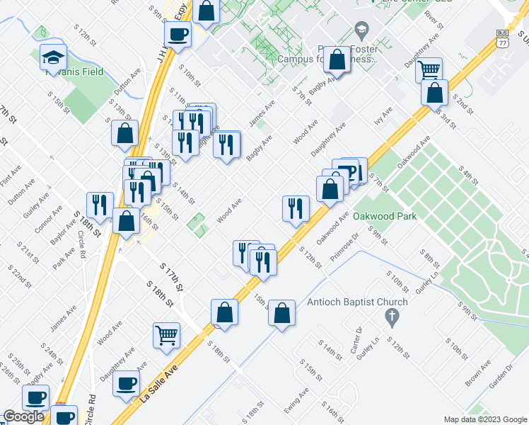 map of restaurants, bars, coffee shops, grocery stores, and more near 2001 South 12th Street in Waco