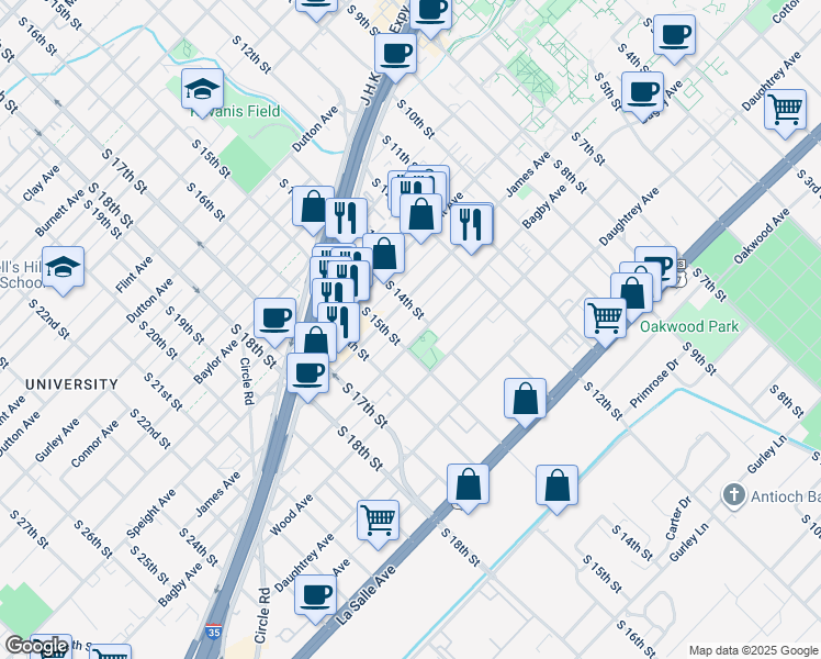 map of restaurants, bars, coffee shops, grocery stores, and more near 1400 Bagby Avenue in Waco