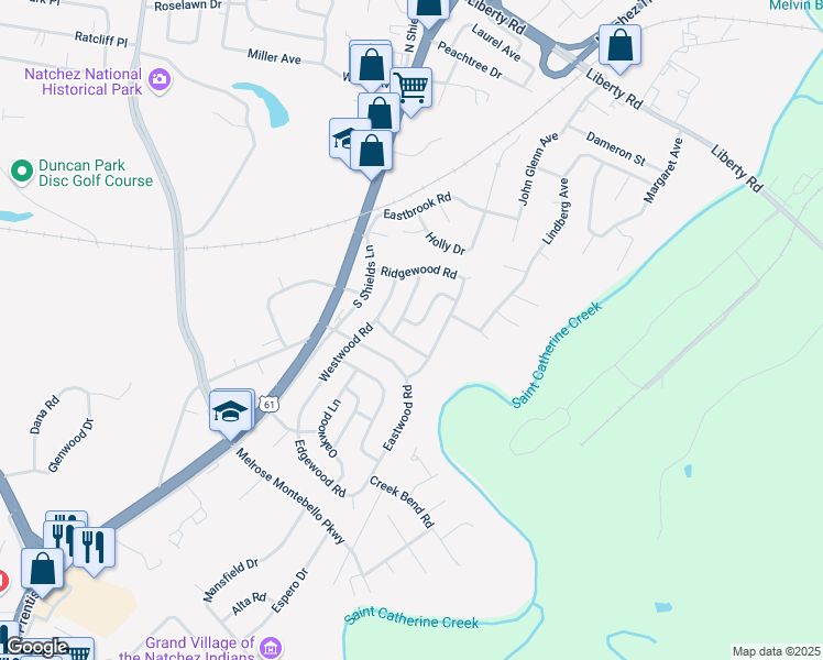 map of restaurants, bars, coffee shops, grocery stores, and more near 3806 Englewood Lane in Natchez