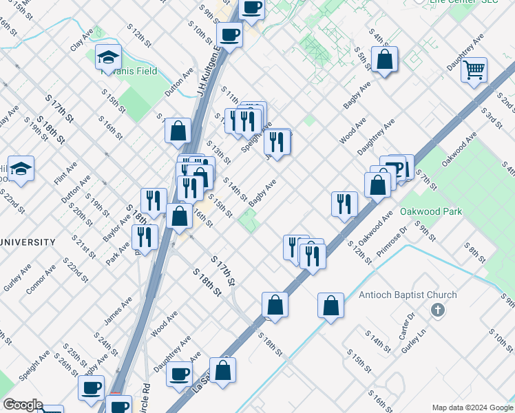 map of restaurants, bars, coffee shops, grocery stores, and more near 1314 Bagby Avenue in Waco