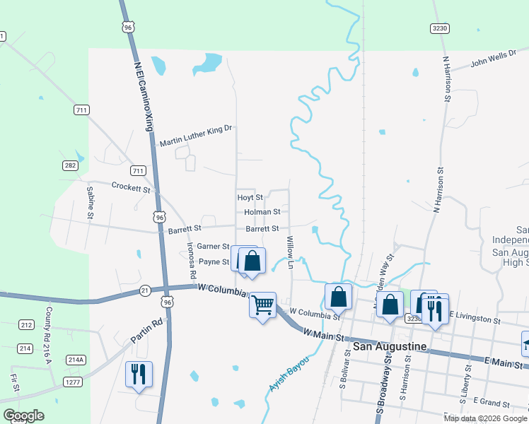 map of restaurants, bars, coffee shops, grocery stores, and more near 1st Street in San Augustine