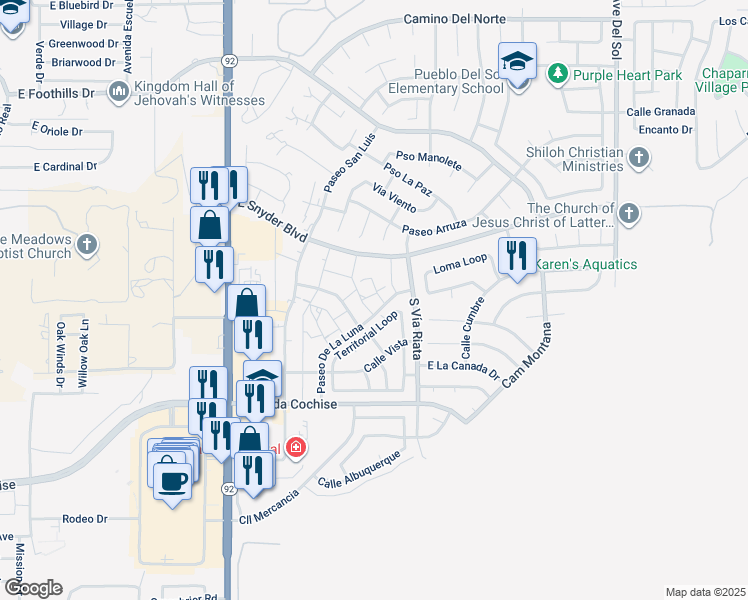 map of restaurants, bars, coffee shops, grocery stores, and more near 1824 Paseo De La Luna in Sierra Vista