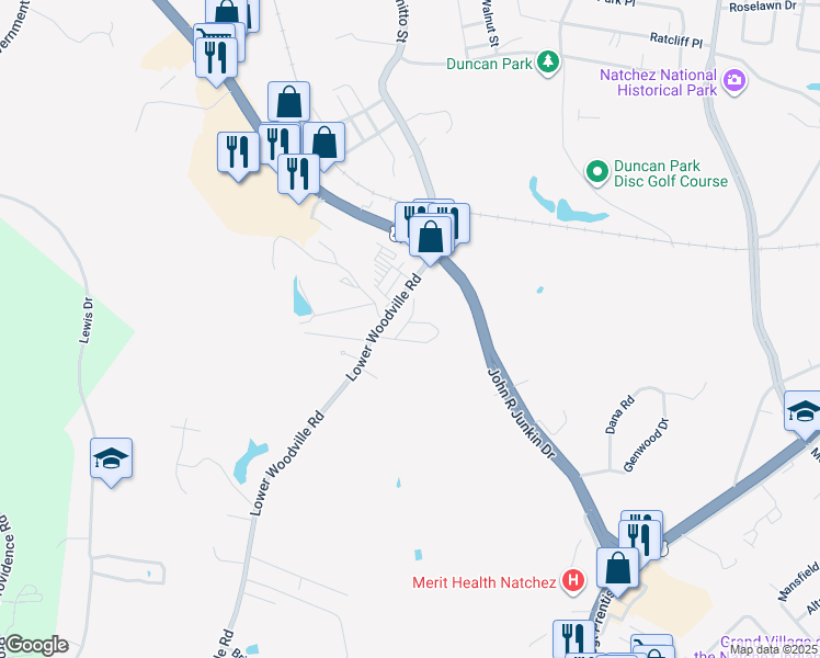 map of restaurants, bars, coffee shops, grocery stores, and more near 125 Lower Woodville Road in Natchez