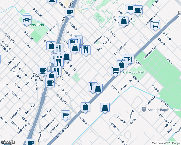 map of restaurants, bars, coffee shops, grocery stores, and more near 1220 Wood Avenue in Waco