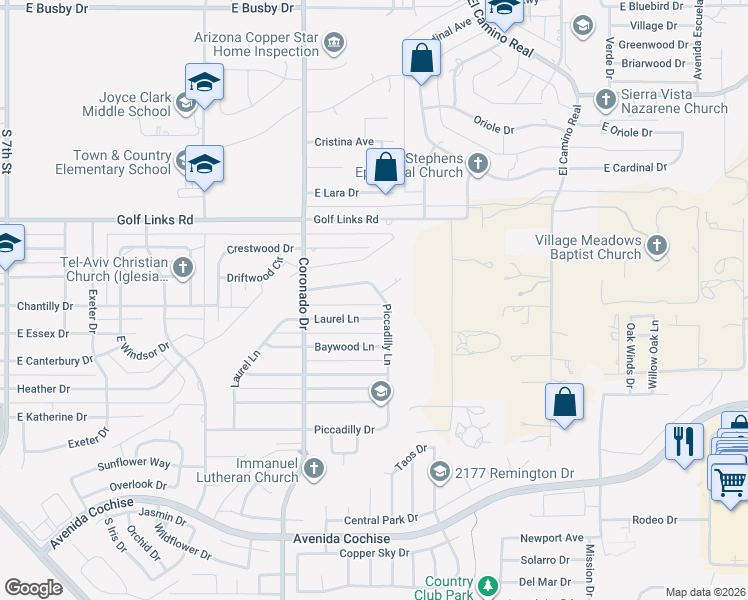 map of restaurants, bars, coffee shops, grocery stores, and more near 2317 Laurel Lane in Sierra Vista