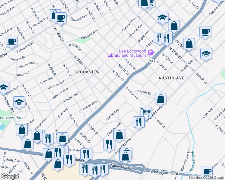 map of restaurants, bars, coffee shops, grocery stores, and more near 505 North 35th Street in Waco