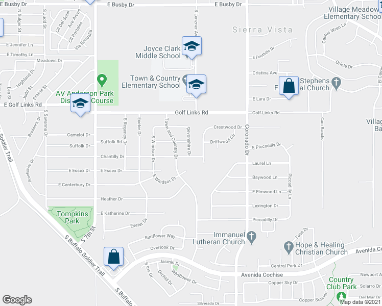 map of restaurants, bars, coffee shops, grocery stores, and more near 1917 Devonshire Drive in Sierra Vista