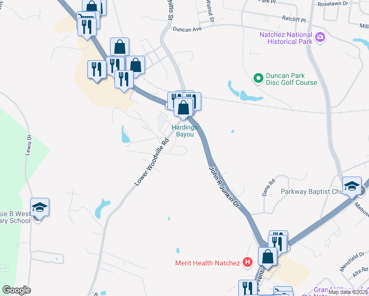map of restaurants, bars, coffee shops, grocery stores, and more near 125 Lower Woodville Road in Natchez