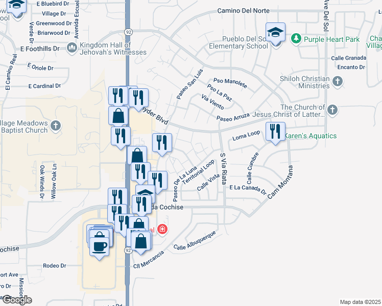 map of restaurants, bars, coffee shops, grocery stores, and more near 1781 Avenue La Corte in Sierra Vista